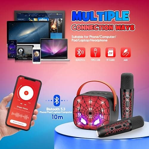 Cool Mini Karaoke Machine Toys: Kids Toys Birthday Gifts Age 3-12+ LED Portable Bluetooth Speaker with 2 Wireless Microphone Gift Toy for 4 5 6 7 8 9 Years Old Girls Boys Kid Adults - Black thumbnail 3