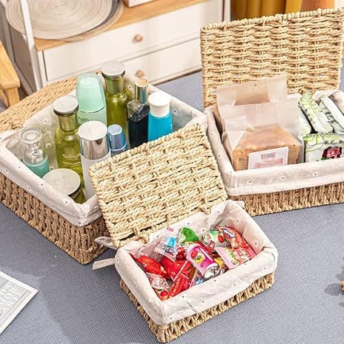 ZHYOPING 3er Set Aufbewahrungskorb mit Deckel – Körbchen Geflochten aus Papierseil, 3 Größen Körbchen mit Futter, Boho-Decor Aufbewahrungskörbchen für Badezimmer, Spielzeug, Wohnzimmer & Schlafzimmer thumbnail 6