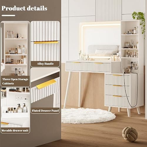 Vanity Desk with Mirror and Lights, Makeup Vanity Desk with Power Outlet, Makeup Desk with 5 Drawers&Storage Shelves, Vanity Table 3 Color Modes Adjustable Brightness Dressing Table Set for Bedroom thumbnail 6