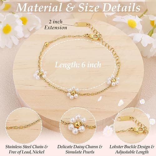 DAYANEY Pearl Bracelets for Women, Gold Bracelet Silver Pearl Jewelry as Gifts for Girls, Dainty Daisy and Heart Braclets Cute Floral Prom Jewelry for Bridesmaid Brazaletes Para Mujer thumbnail 4
