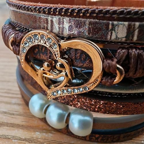 Love Heart Leather Boho Trendy Wrap Stackable Multilayer Bracelets Wide Cuff Bangle Jewelry Gift For Women thumbnail 4