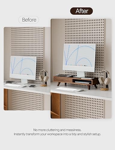 Tinamo 24" Wood Monitor Stand Riser with Sliding Door and Cable Management | Acacia Wood, Ergonomic Design, Fits Most 24"-32" Monitors, Non-slip, Hidden Multi-purpose Storage, All Hardware Included thumbnail 7