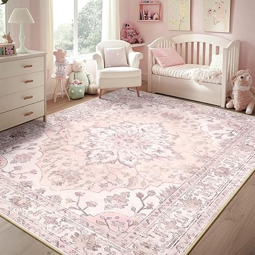RELEANY Area Rugs 5'x7' Washable Non-Slip, Floral Vintage Distress Print Pattern Medallion Carpet for Living Room Bedroom Dining Room, Pink Greypink Cute | Non-Slip, Washable, Pattern, Distress Print, Cute thumbnail 2