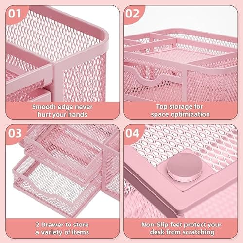 Marbrasse Netz Schreibtisch-Organizer,Multifunktionaler Stiftehalter mit 2 Schublade,Schreibtisch Aufbewahrung Zubehör für Heim Büro Bedarf (Rosa) - Rosa thumbnail 5