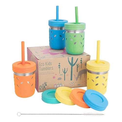 Elk and Friends Kids 10oz Stainless Steel Mason Jars + Sleeves + Lids | 4pk | Toddlers | Silicone Sleeves | Straws with Stoppers | Food Storage | Spill Resistant | Dishwasher Safe | Perfect for Smoothies - Image 1