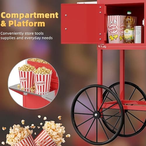 HUGROVE 10oz Popcorn Machine with Cart, 480W Vintage Popcorn Maker for Home Cinema, Professional Stainless Steel Kettle, One-Touch Operation Popper for Game Day (Light Red) (Light Red) thumbnail 5