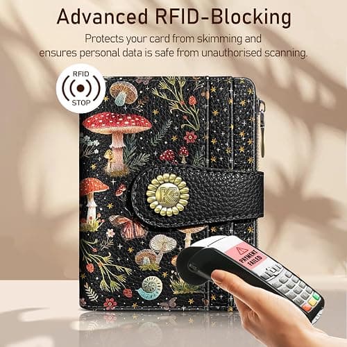 Kelvoris Mushroom Moon Night Small Rfid Women Wallet Bifold Zipper Coin Pocket PU Leather Compact Cash Credit Card Holder Travel Wallet for Female Ladies Teen Girls 1 ID Window 10 Card Slots thumbnail 3