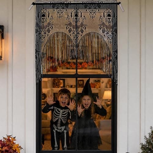 ZeeDix 2 Pcs Halloween Lace Curtains Black Skull Tassel Window Door Curtain | 2 Pcs Black Lace Skull Curtains For Halloween Window, Door, Mantel & Wall, Great For Halloween Party Decor, Party Supplies thumbnail 7