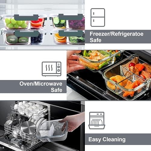 VERONES 5 Pack Glass Meal Prep Containers 3 Compartment Set, 36OZ Airtight Glass Lunch Containers, Glass Food Storage Containers with Lids, for Microwave, Oven, Freezer & Dishwasher Friendly,Grey thumbnail 3