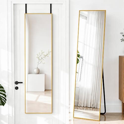 NARCISSUS Full Length Mirror 57x16 Inch, Over The Door Mirror with Stand, Wall Mounted or Freestanding/Door Hanging Full Body, Aluminum Alloy Frame, Gold - Image 1