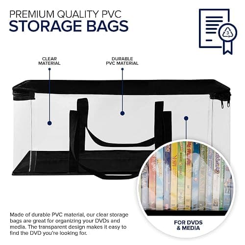 Stock Your Home DVD Storage Bags (Set of 4) Media Organizer Bag for DVDs, CDs, Blu Ray Disc, Movie Cases, VHS Box, Video Game Disks, Clear Plastic Holders with Carrying Handles and Zipper - Black thumbnail 3