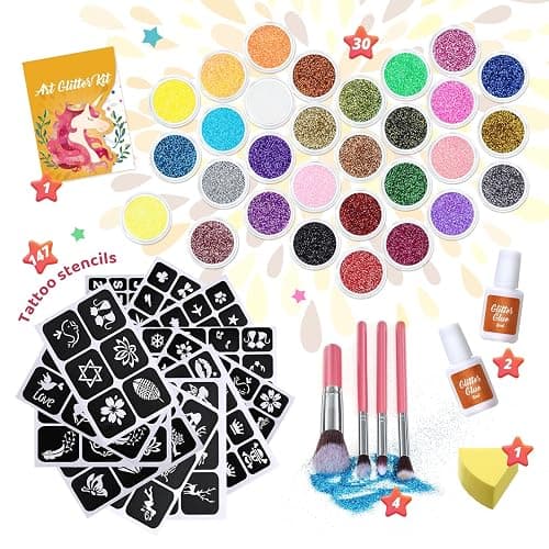 Glitter Tattoo Kit, Bledras 30 Colors Temporary Tattoo Set for Girls, 147 Stencils, 4 Brushes, 2 Glue, Glitter Tattoos for Kids or Adults, for Girls Boys, Carnival Birthday Festival Party thumbnail 2