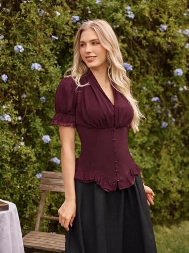 Scarlet Darkness Womens Work Tops Elegant Short Sleeve Victorian Blouse | Ideal for Ren Faire, Pirate Festival, Office, Business, Daily. V Neck, Button Down, Lace Up Back, Lace Patchwork thumbnail 3