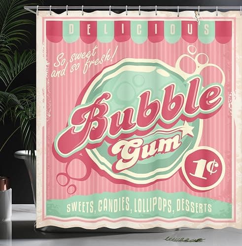 Lunarable Retro Shower Curtain, Advertisement for Candy Shop with Pastel Stripes Background Eighties Design, Cloth Fabric Bathroom Decor Set with Hooks, 69" W x 70" L, Pink and Mint Green thumbnail 4