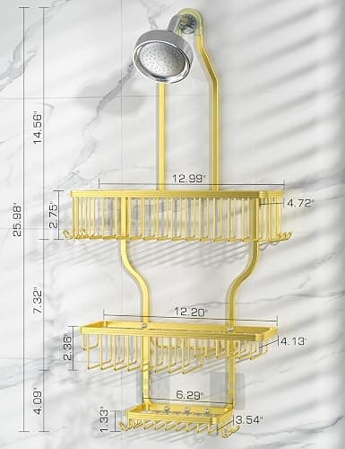 YASONIC Never Rust Shower Caddy Hanging Organizer - Aluminum Over-the-Showerhead Rack With 10 Hooks for Razor/Sponge and Soap Basket - Gold thumbnail 2