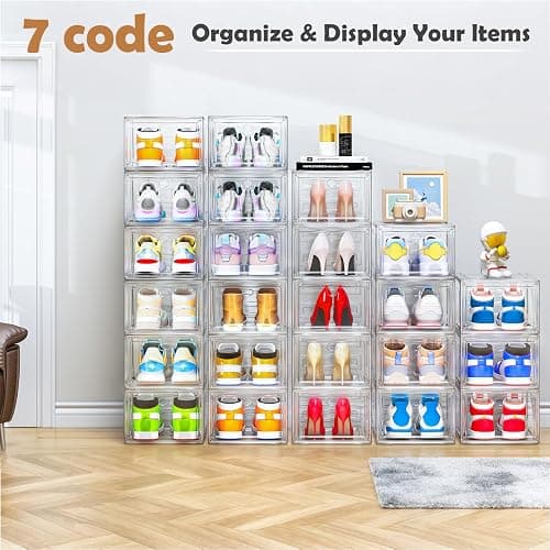 Thicken & Sturdy Clear Shoe Storage Organizer with Magnetic Door, Stackable Boxes for Closet, Foldable Space-Saving Shoe Rack for Sneaker Boot Container, Plastic Shoe Cabinet Shoe Box 6 Pack, White thumbnail 9