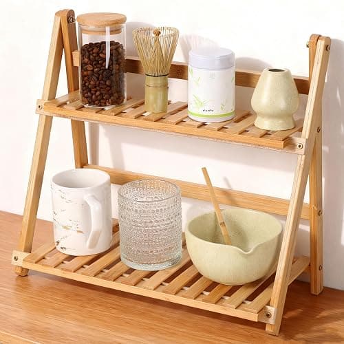 HORIBND Coffee Station Organizer, Matcha Station, Foldable Bamboo Mug Holder for Countertop, Tea & Coffee Bar Accessories, 2 Tier Shelf for Kitchen Counter Organizer, Matcha Stand, Spice Rack - Image 1