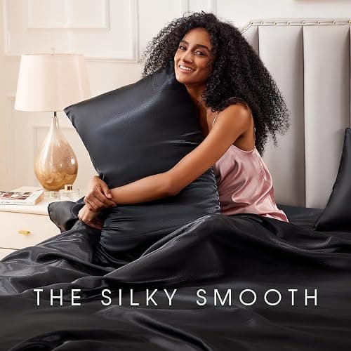 FreshCulture Satin Sheets Twin XL Bed Set - 3 Piece Luxury Soft Silky Bed Sheets, Similar to Silk Sheet Set with 1 Deep Pocket Fitted Sheet, 1 Flat Sheet & 1 Pillowcase (Black) thumbnail 6
