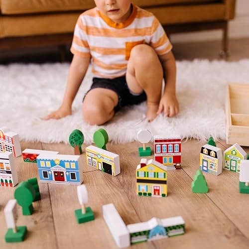 Melissa & Doug Wooden Town Play Set with Storage Tray (32 pcs) Pretend Play Wooden Town Set for Kids with Storage thumbnail 2
