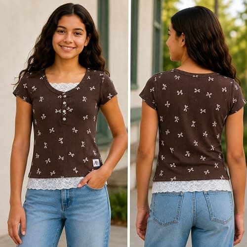 AEROPOSTALE Girls Henley Shirts, Short Sleeve 2fer Lace Trim Top, Y2K 7-16 | Layered Look at Neck and Hem, Pairs with Denim, Skirts, or Leggings, Classroom to Weekend Wear, Delicate Detailing thumbnail 2