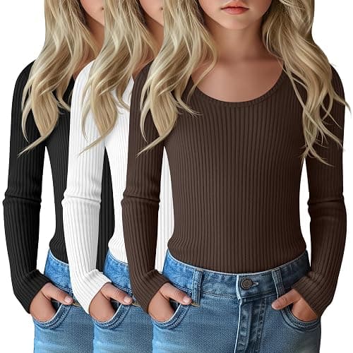 LessonZoo 3 Pack Girls Long Sleeve Shirts Ribbed Cotton Layering Tops Scoop Neck Slim Fit Basic Tee Undershirts 5-14 Years - Image 1