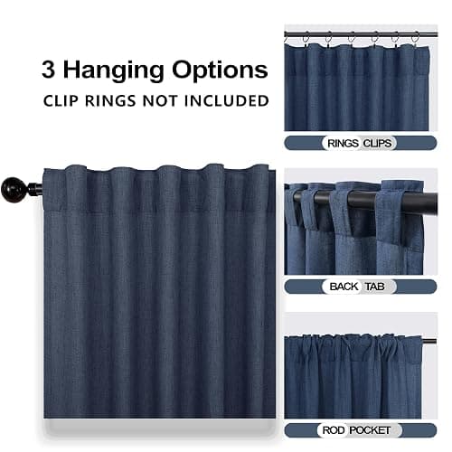 Mrs.Naturall Navy Blue Linen Curtains 213cm Length 2 Panels Set,Back Tab Bar Pocket Dark Blue Curtain Window Drapes 213cm Long for Living Room Boys Room Bedroom thumbnail 3