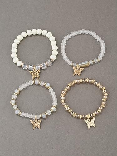 Bohemian Crystal Beaded Butterfly Pendant Bracelets Set Gold Beaded Stackable Stretch Bracelet Handmade Multilayer Colorful Charm Jewelry thumbnail 4