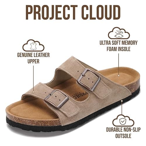 Project Cloud 100% Genuine Leather Flat Sandals For Women 2026 Cork Footbed Womens Sandals with Memory Foam and arch support Vacation Essentials Slides for Women Footwear (Venita) thumbnail 2