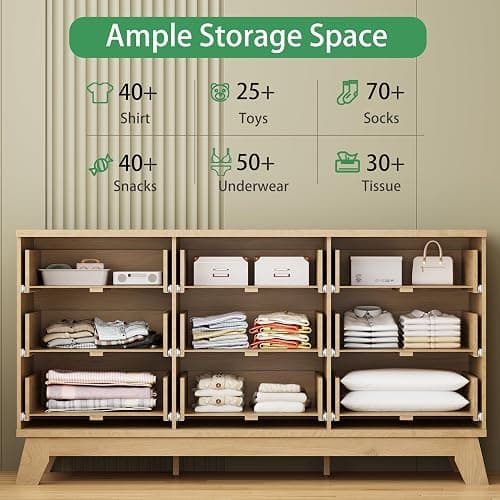 Fluted Dresser for Bedroom with 9 Drawers, 57" Wide Modern Chest of Drawers with Metal Handle, Wooden Dresser TV Stand, Wood Closet Clothes Storage Organizer for Living Room, Hallway, Natural Oak thumbnail 3