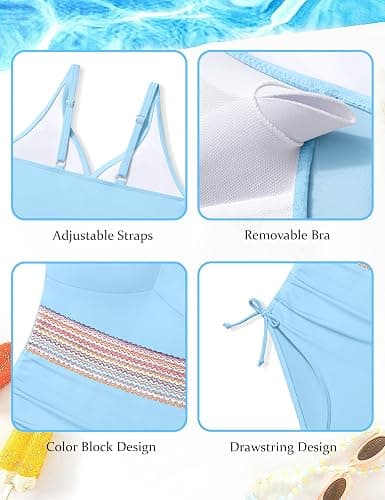 Doumlop Girls One Piece Swimsuits Color Block Girls Swimsuit V Neck Girls Bathing Suit Drawstring Girls' Swimwear 9-16 Years thumbnail 5