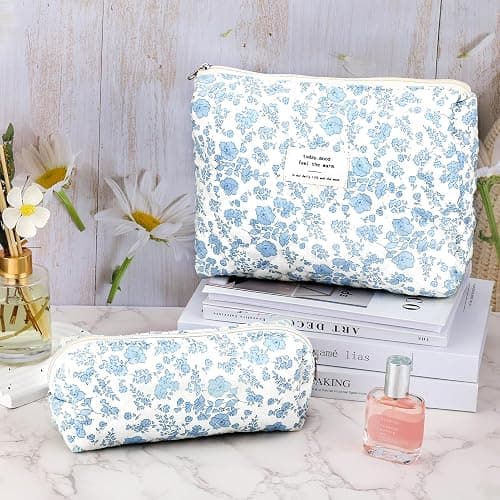 2Pcs Quilted Cotton Makeup Bag Large Travel Makeup Pouch Small Brush Holder Set for Women Floral Coquette Makeup Bag Cute Aesthetic Cosmetic Bag Blue Toiletry Organizer Storage Bag Big Zipper Pouch thumbnail 2