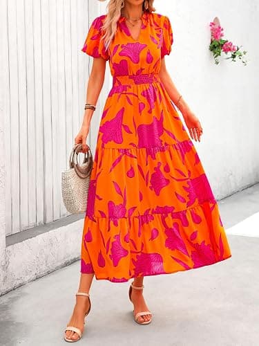 MASCOMODA Summer Maxi Dresses for Women 2025 Casual V Neck Puff Short Sleeve Smocked Flowy Beach Boho Long Floral Dress thumbnail 4