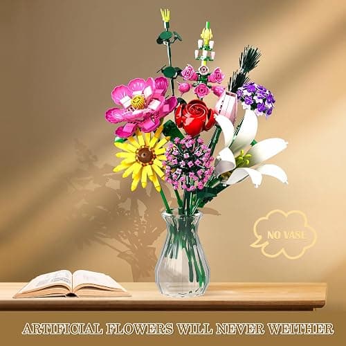 Flower Building Blocks Set, Multiple Flowers Bouquet Building Set, Artificial Flowers Arrangement Building Toys, Office Home Decoration, Valentine Day, Birthday for Women(No Vase)-699Pcs thumbnail 4