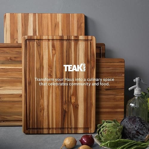 Teakhaus Cutting Board - Medium (M) Wood Cutting Board with Juice Groove and Grip Handles - 18”L x 14”W - Thin, Lightweight, Reversible Teak Edge Grain Wood - Knife Friendly - FSC Certified thumbnail 9