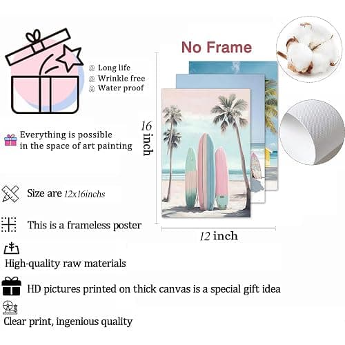 3Pcs Pink Beach Wall Art Tropical Teen Girl Coastal Canvas Poster Print Surfboard Palm Picture Wall Decor for Beach Room Bathroom Living Room Bedroom 12x16in Unframed thumbnail 5
