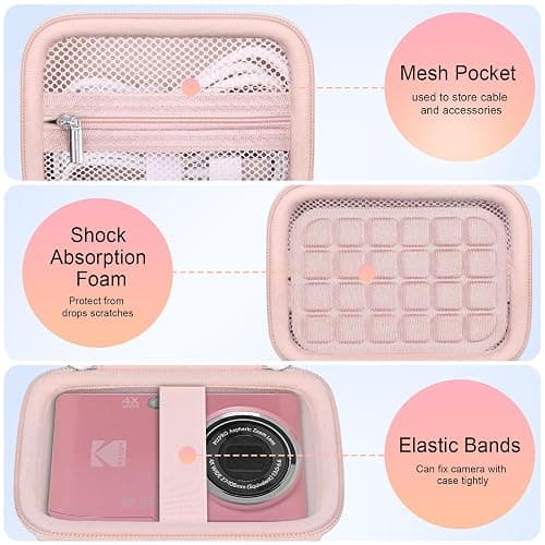 Elonbo Camera Carrying Case for KODAK PIXPRO FZ45/ FZ55 Digital Camera | Compact Camera Case, Hard Bag, with Mesh Pocket Wrist Strap Double Zipper, for Vlogging, Travel Protective Storage, Pink thumbnail 4