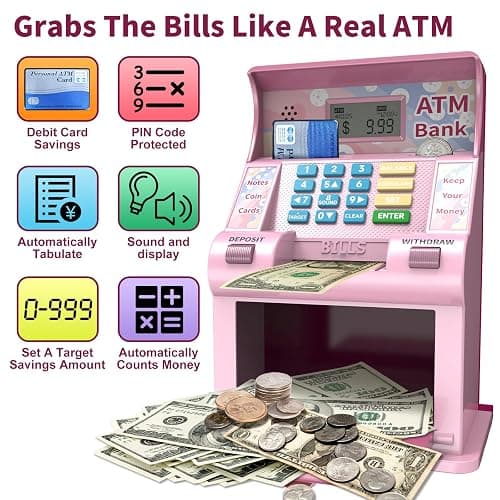 ATM Piggy Bank for Kids, Kids Bank for Real Money with Debit Card, Coin Recognition, Target Setting, Bill Feeder, Balance Calculator, Savings Machine Box, Gifts for Teen Boys Girls thumbnail 4