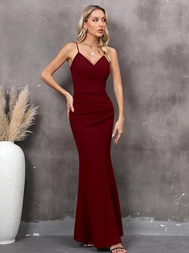 Missufe Robe de soirée pour femme - Robe de soirée - Robe portefeuille - Bretelles spaghetti - Sans manches - Fente - Robe de cocktail - Maxi longue - Robe de bal de mariage thumbnail 4