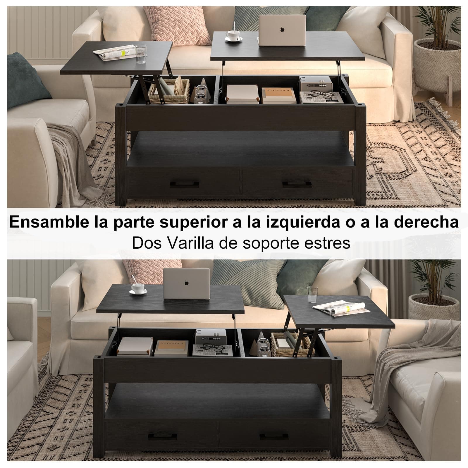 FABATO Mesa de Centro para Sala - De Madera con Doble Elevación - 2 cajones de Almacenamiento - Varilla de Estrés - Ideal como Mesa para Cafe o Mesa Auxiliar (Negro) - Negro thumbnail 5