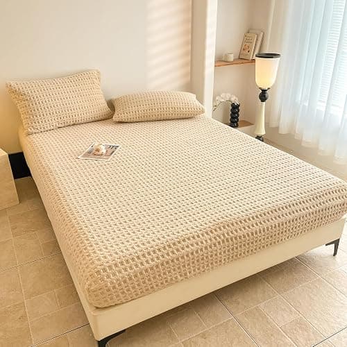 Waffle Weave Queen Fitted Sheet Deep Pocket 15" - Ultra Soft Textured Bed Sheet with Elastic All Around - Breathable Hotel Quality Bedding, Sand Beige thumbnail 5