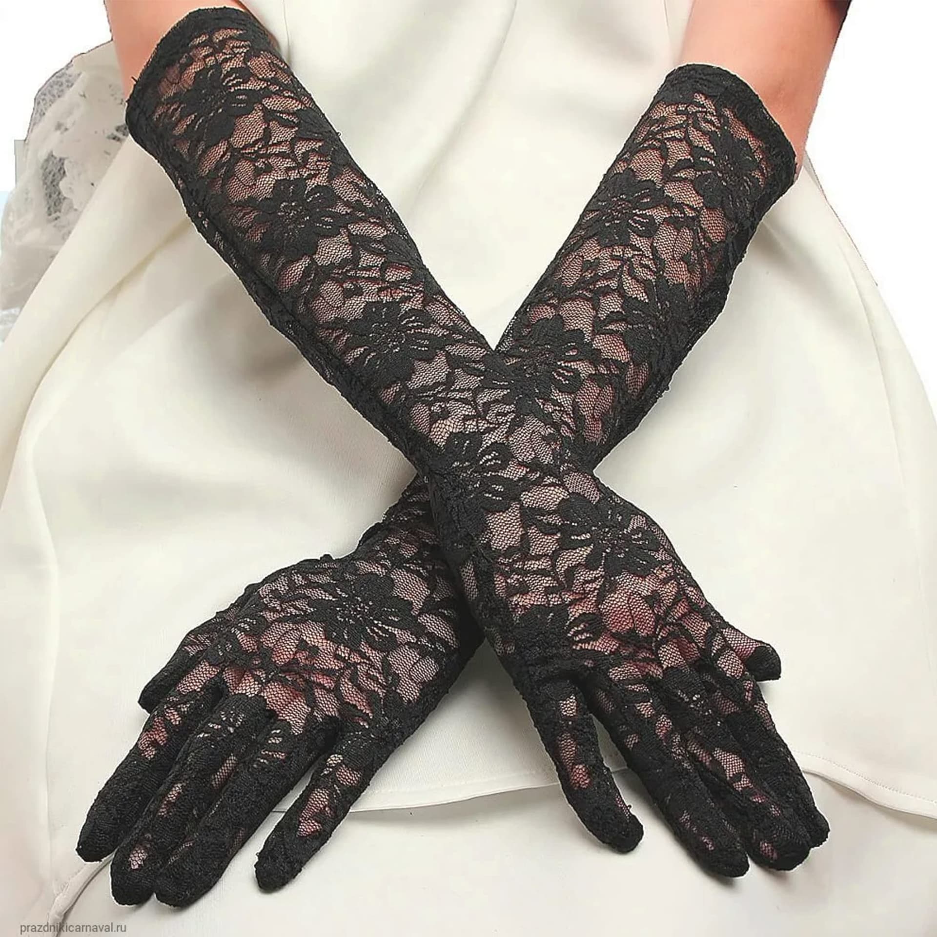 IRYNA Long Lace Gloves - Black Elbow Length Opera Silk Hand Sleeves for Evening Party, Black, One Size thumbnail 6