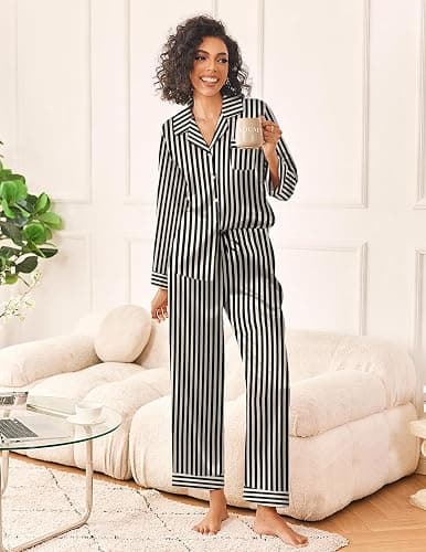 Ekouaer Womens Silk Satin Pajama Sets 2 Piece Sleepwear Pjs Set Long Sleeve Button Down Top and Pants Stripe Loungewear S-XXL thumbnail 3