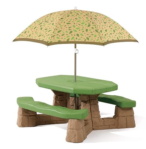 Step2 Naturally Playful Kids Picnic Table with Removeable Umbrella, Indoor/Outdoor Toys, Fits 6 Children, Made of Durable Plastic, For Toddlers 3+ Years Old, Green & Leaves - Green & Leaves - 69.25" H x 43" W x 40.75" D - Image 1