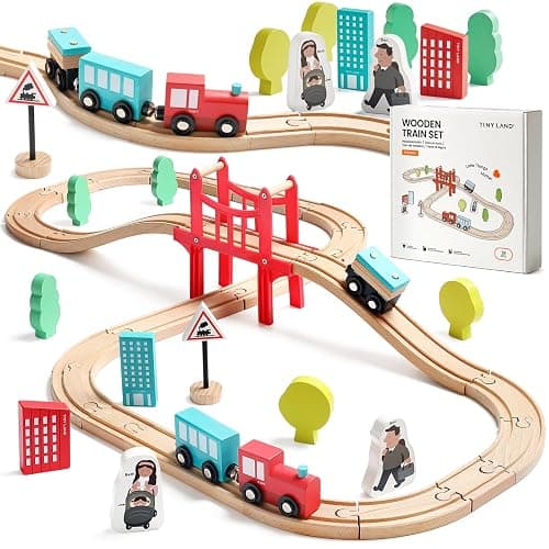 Tiny Land Wooden Train Set for Toddler - 39 Pcs- with Wooden Tracks Compatible with Major Brands - Expandable, Changeable-Train Toy for 3 4 5 Years Old Girls & Boys - Image 1