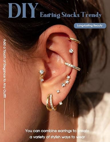 BESTEEL 7Pairs Hypoallergenic Gold Earrings for Women Trendy Small Stud Huggie Hoop Earing Stacks Set Cute Cartilage Helix Jewelry for Sensitive Ears Silver Dainty Christmas Stocking Stuffers Gifts thumbnail 2