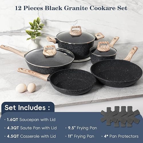 SODAY 12 Pcs Pots and Pans Set, Nonstick Cookware Sets Black Granite Induction Cookware, Non-toxic Healthy Non Stick Kitchen Cooking Set with Frying Pans Set, Saucepans,Steamer (PFAS, PFOA, PFOS Free) thumbnail 3