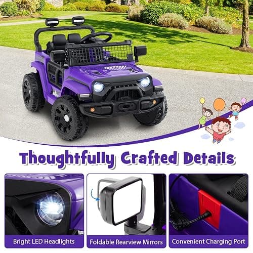 Costzon 12V Kids Ride on Car Truck w/Remote Control (Purple, 34"×23"×21") | Foldable Mirrors, 3 Speeds, LED Lights, Music & Horn, Battery Powered Electric  Vehicle for Toddlers, Ride on Toys thumbnail 5