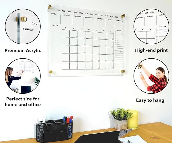Premium Acrylic Wall Calendar - 24x18" Dry Erase Board - Large Glass Calendar for Wall - Reusable Board for Office and Home - Gold Hardware (24x18" (Regular)) thumbnail 3