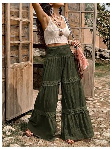 WDIRARA Women's Smocked Wide Leg Boho Pants | Tiered, Textured, High Waisted, Bohemia thumbnail 3