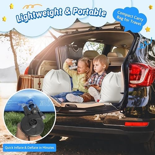 Inflatable Toddler Travel Bed with Tent – Foldable Portable Toddler Bed Cot - Blow Up Kids Air Mattress with Safety Bumper, Pump Carry Bag – Indoor Outdoor Nap Bed for Home, Camping, Hotel (Blue Car) thumbnail 6